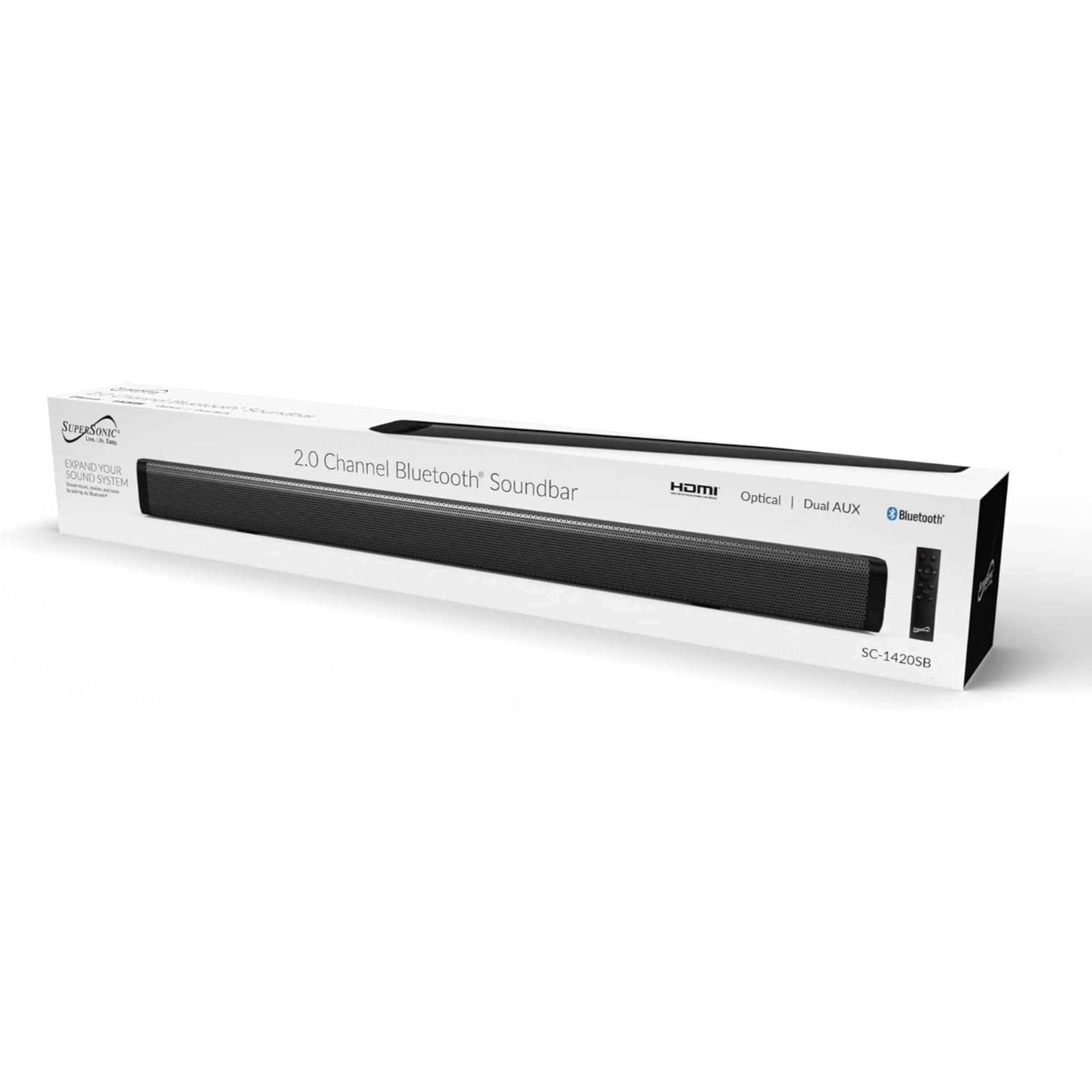 Supersonic 30-inch Optical Bluetooth 2.0 Channel Soundbar with Dual AUX Inputs