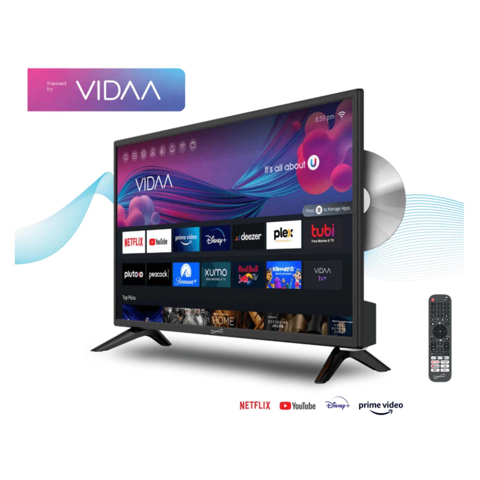 Supersonic Smart 24-inch VDAA DLED AC/DC Television with DVD Player & 12V Car Cord