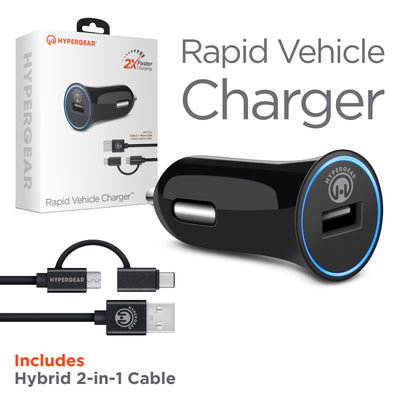 HyperGear Rapid 2.4A Car Charger w Hybrid USB-C Cable 4ft (14679-HYP)