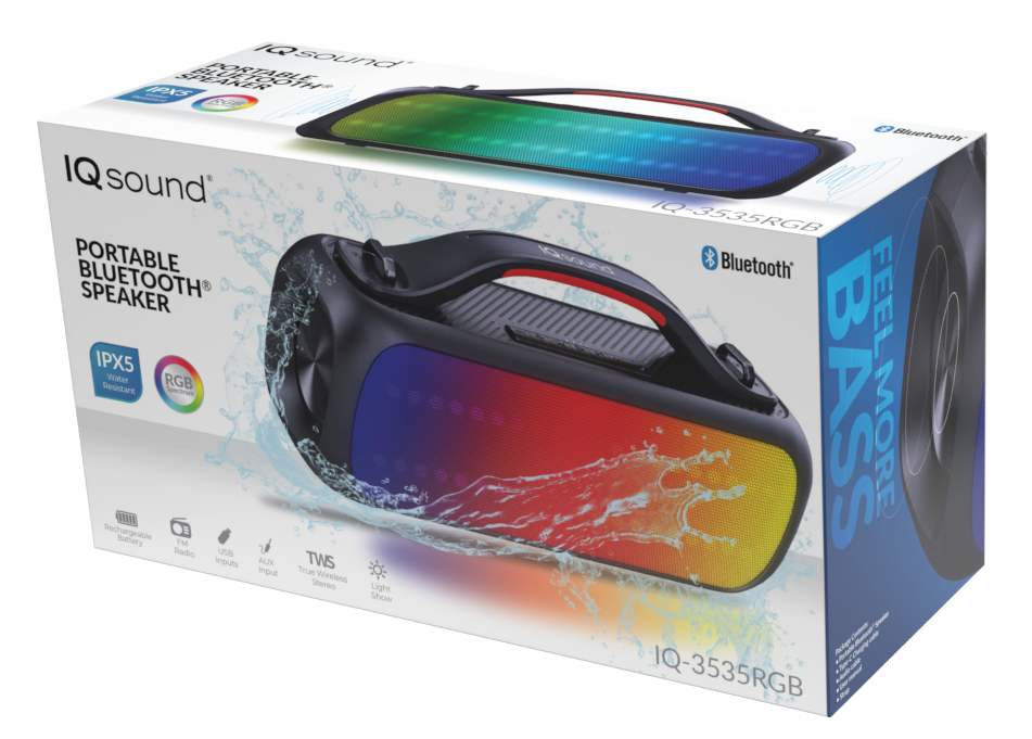 Supersonic Portable Water-Resistant Bluetooth Speaker with Hands-Free Mic (IQ-3535RGB)