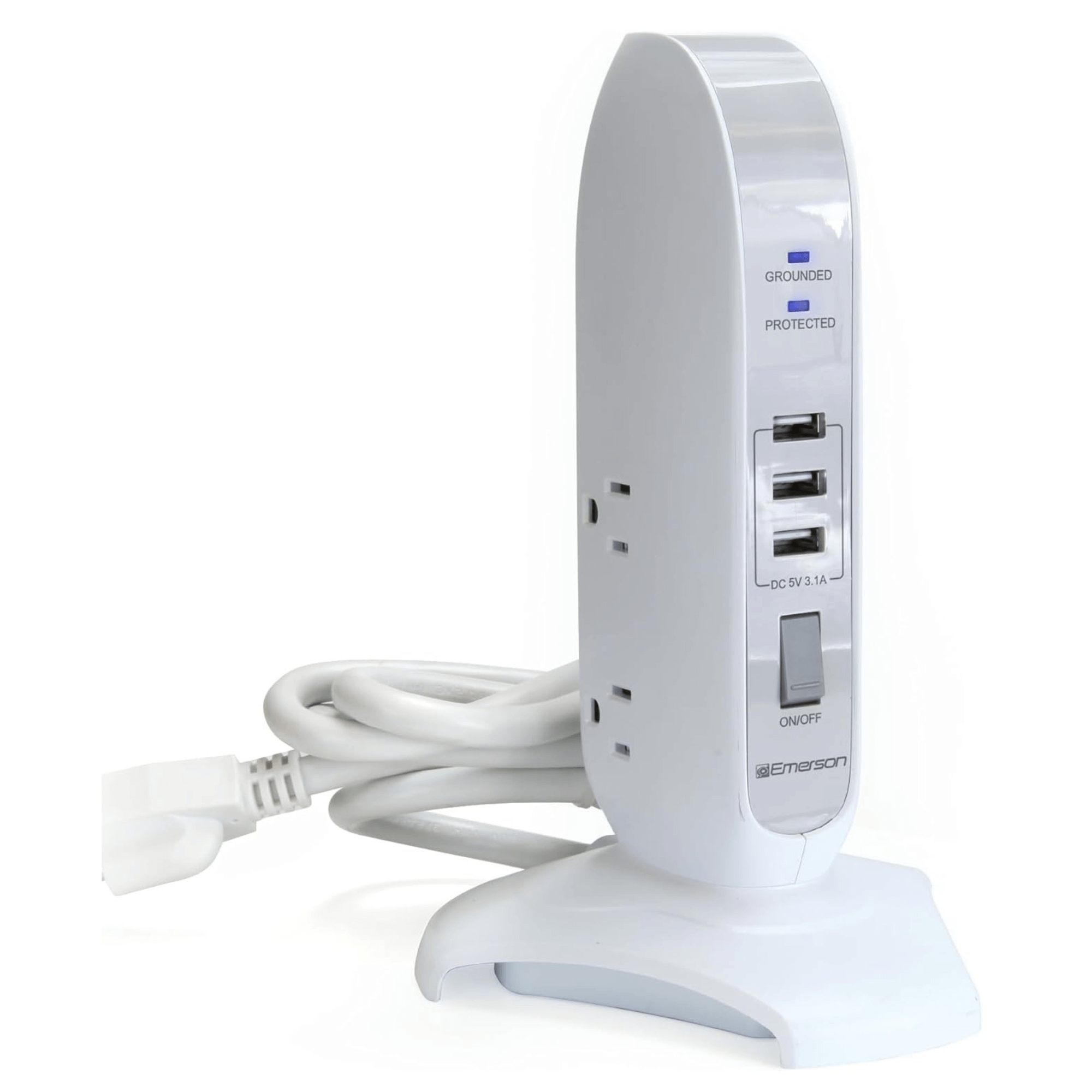 Emerson 5-Outlet + USB Charging Tower with Surge Protection and On/ Off Switch