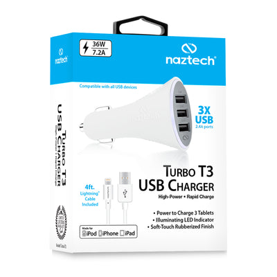 Naztech Turbo T3 MFi Lightning 7.2A Vehicle Charger White (13196-HYP)
