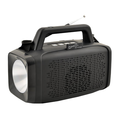 Solar Power Speaker w FM Radio & LED Flashlight, USB & Micro SD Input (SC-1074ER)