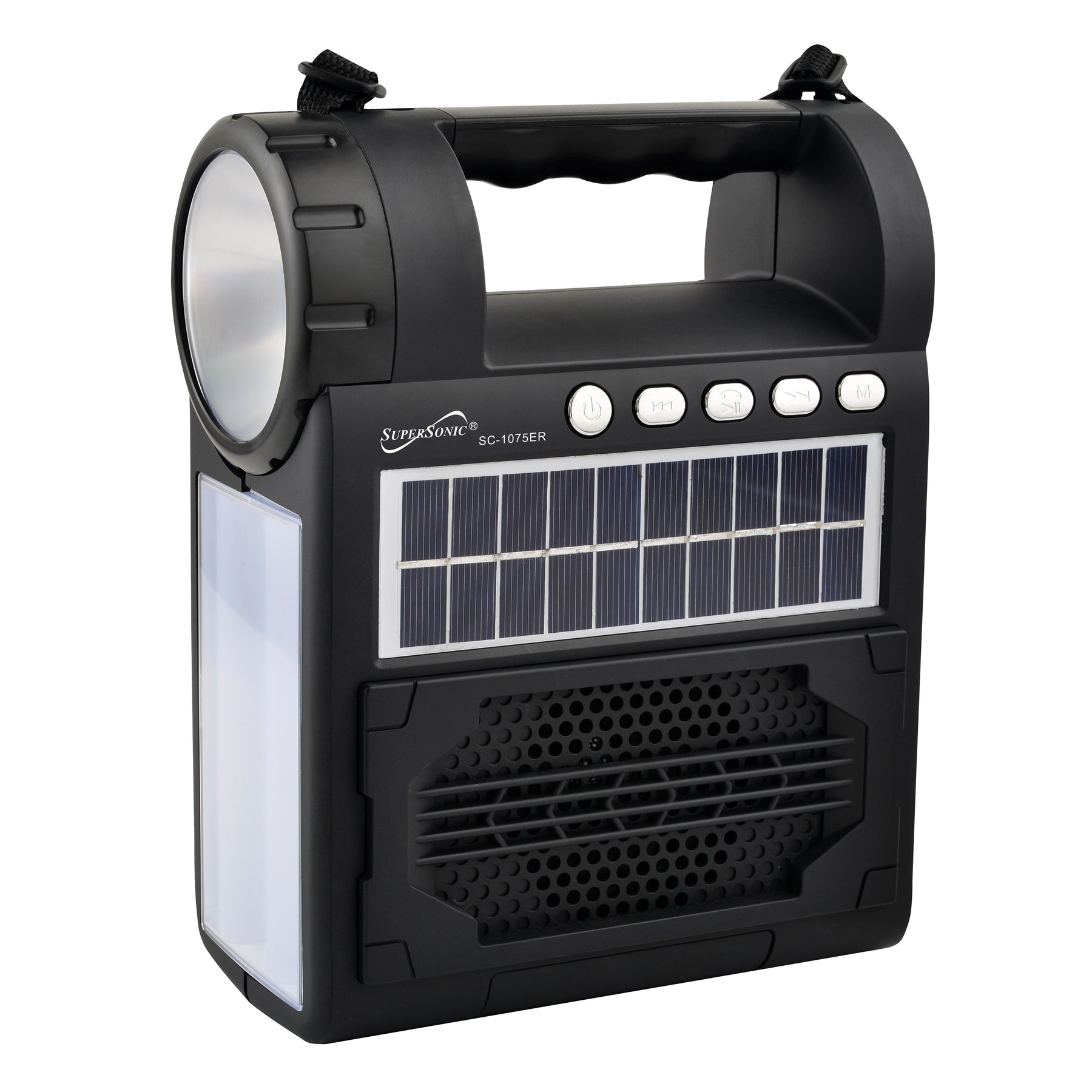 Supersonic Solar Power Speaker w FM Radio, Flashlight, Lantern & Phone Stand (SC-1075ER)