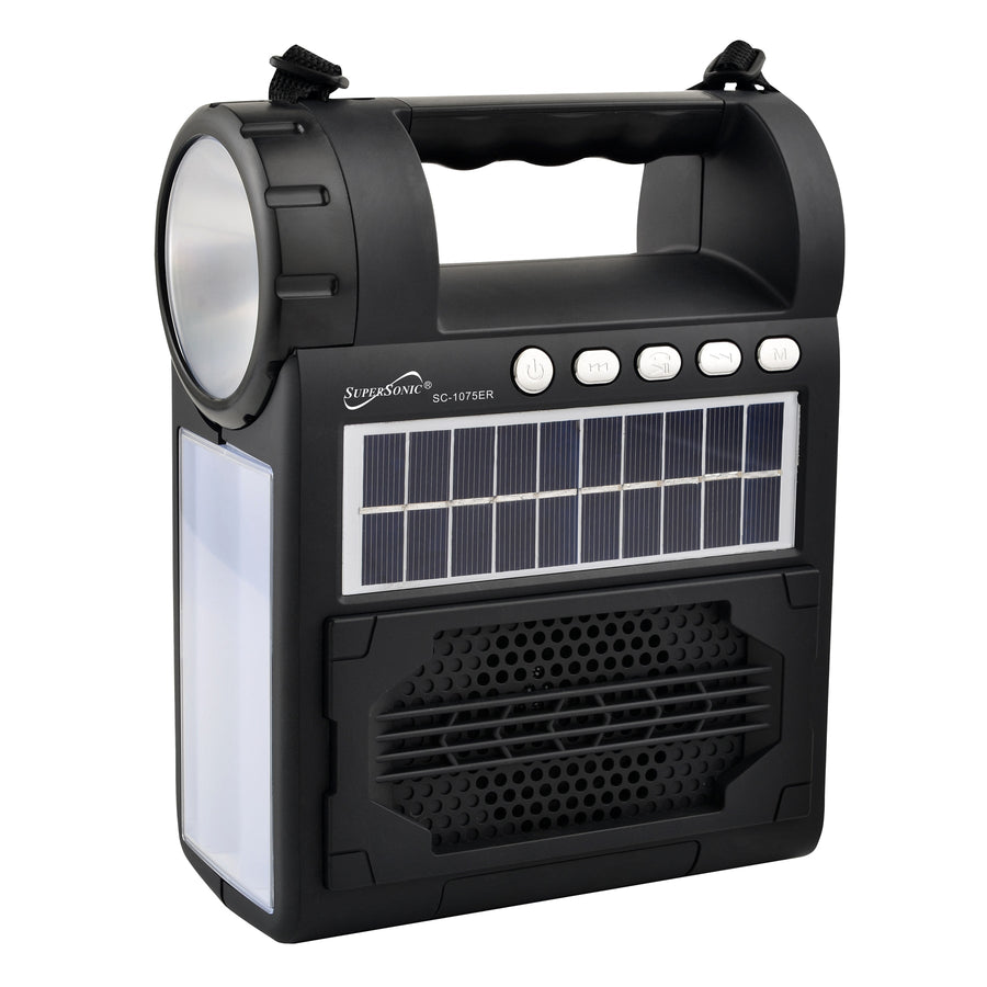 Supersonic Solar Power Speaker w FM Radio, Flashlight, Lantern & Phone Stand (SC-1075ER)