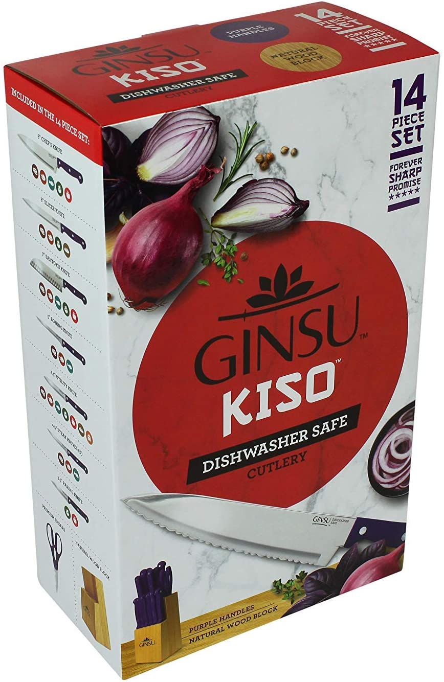 Ginsu Kiso 14-Piece Red Knife Set with Natural Block - Dishwasher Safe and  Always Sharp