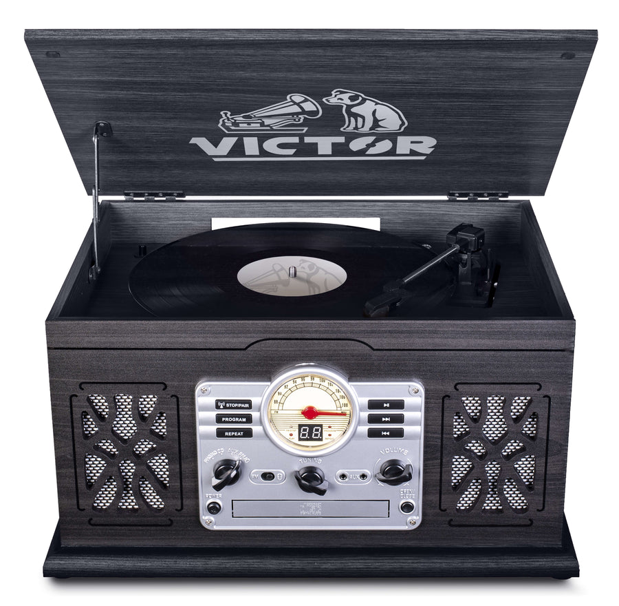 Victor State 7-in-1 Wood Music Center with 3-Speed Turntable and Dual Bluetooth