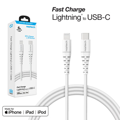 Naztech PD MFI Lightning to USB-C Cable 6ft White (14295-HYP)