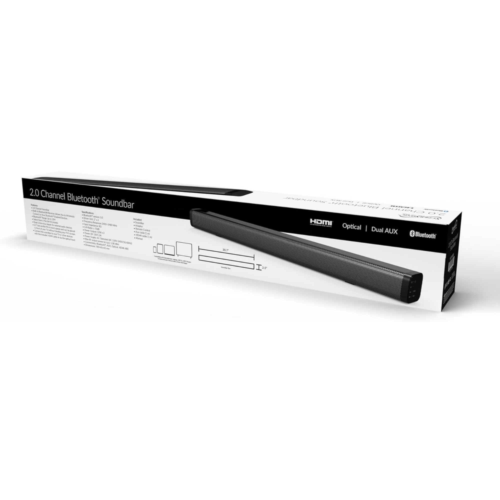 Supersonic 30-inch Optical Bluetooth 2.0 Channel Soundbar with Dual AUX Inputs