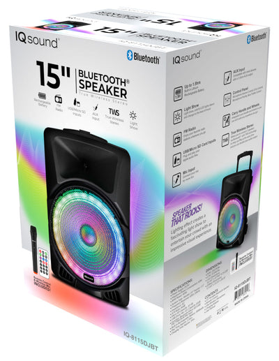15” Portable Bluetooth Speaker w True Wireless Stereo & LED Lights (IQ-8115DJBT)