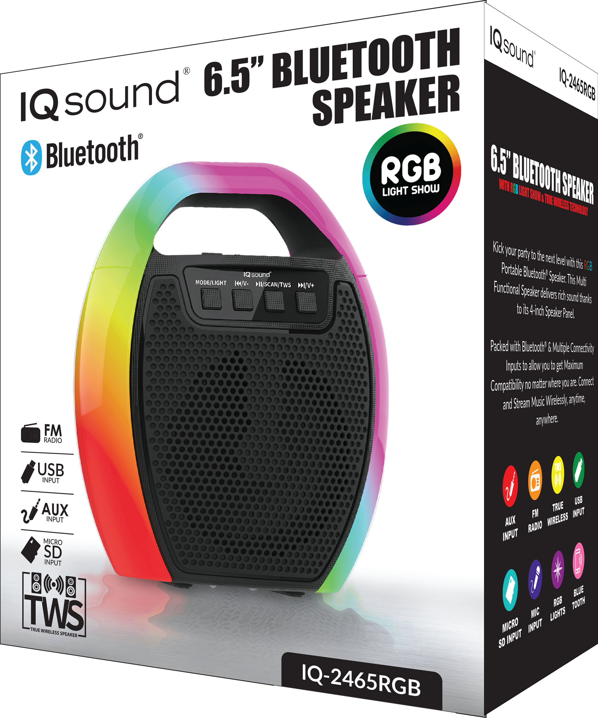 Supersonic 6.5" Portable Bluetooth Speaker with RGB Handle, FM Radio and TWS (IQ-2465RGB)