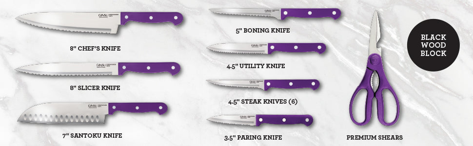 Ginsu Kiso 14-Piece Purple Knife Set with Black Block - Dishwasher Safe and  Always Sharp