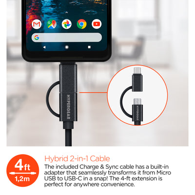 HyperGear 2.4A Wall Charger w Hybrid USB-C Cable 4ft Black (14081-HYP)