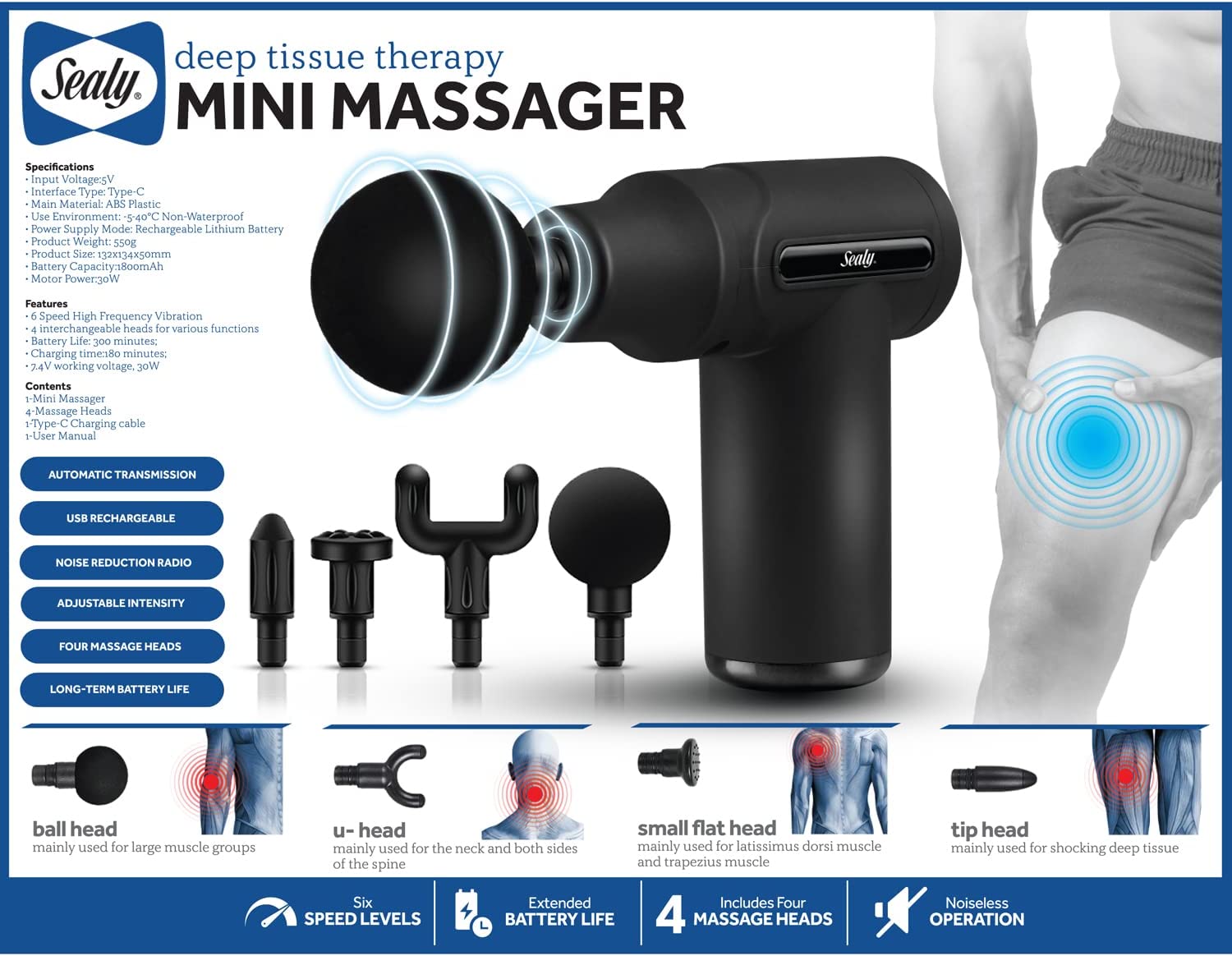 6 Speed Deep Tissue Massage Gun 4 Removable Massage Head