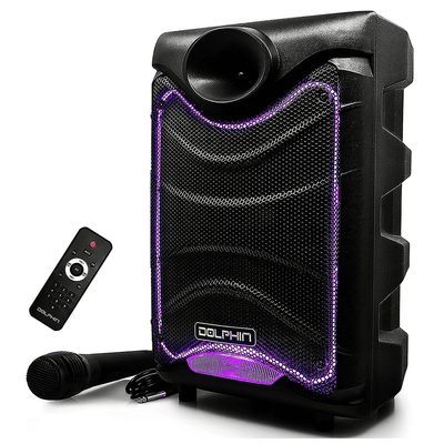 Dolphin 8" Portable Bluetooth Party Speaker w Karaoke Mic Input and LED Lights