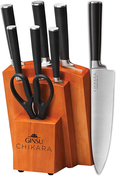Ginsu Gourmet Chikara Series Forged 420J Japanese Stainless Steel 8-Piece Knife Set with Finished Hardwood Block