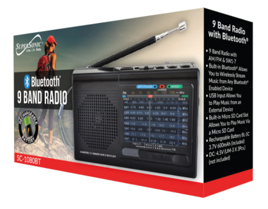 Supersonic 9 Band Radio With Bluetooth (SC-1080BT)