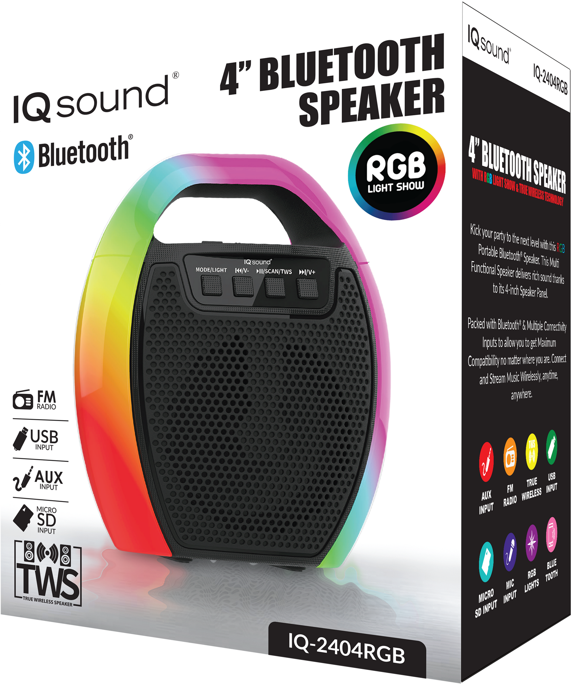 Supersonic 4" Portable Bluetooth Speaker with RGB Handle with FM Radio & TWS (IQ-2404RGB)