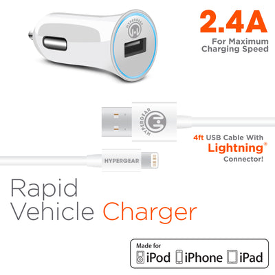 HyperGear Rapid 2.4A Car Charger w MFI Lightning Cable 4ft (13802-HYP)