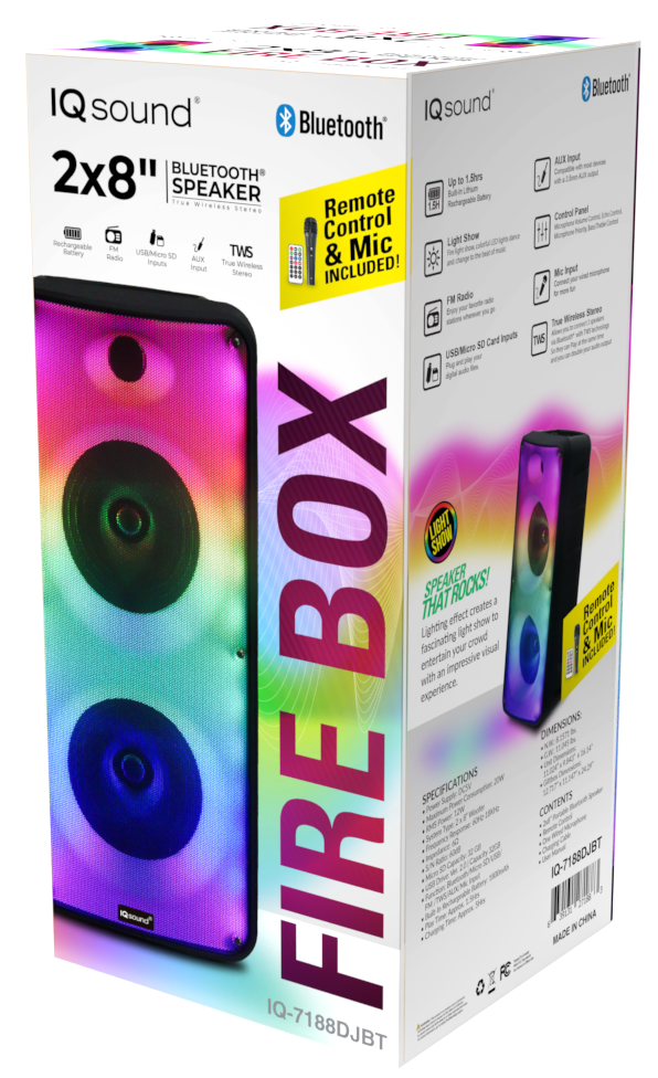 Supersonic 2 x 8" Bluetooth Speaker FIRE BOX with FM Radio and Remote Control (IQ-7188DJBT)