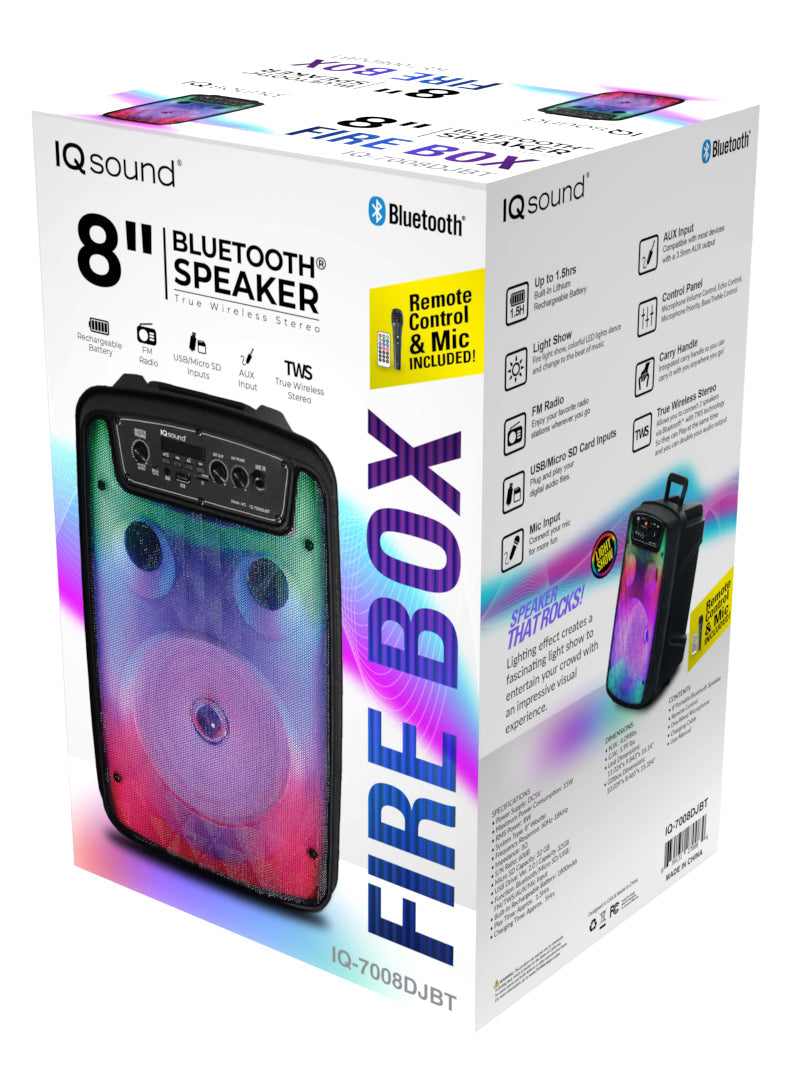Supersonic 8" Bluetooth Speaker FIRE BOX with TWS & LED Color Lights to Beat (IQ-7008DJBT)