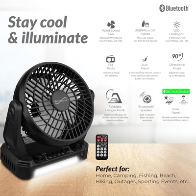 Supersonic Solar-Powered BT Speaker with FM Radio, LED Flashlight & Fan