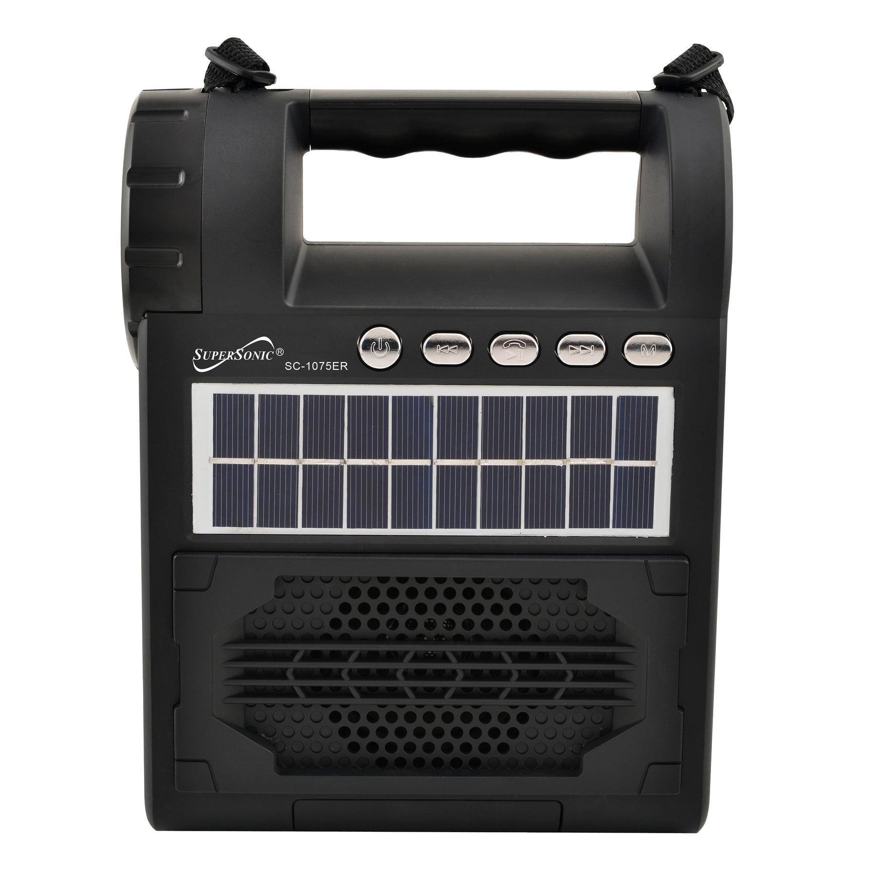 Supersonic Solar Power Speaker w FM Radio, Flashlight, Lantern & Phone Stand (SC-1075ER)