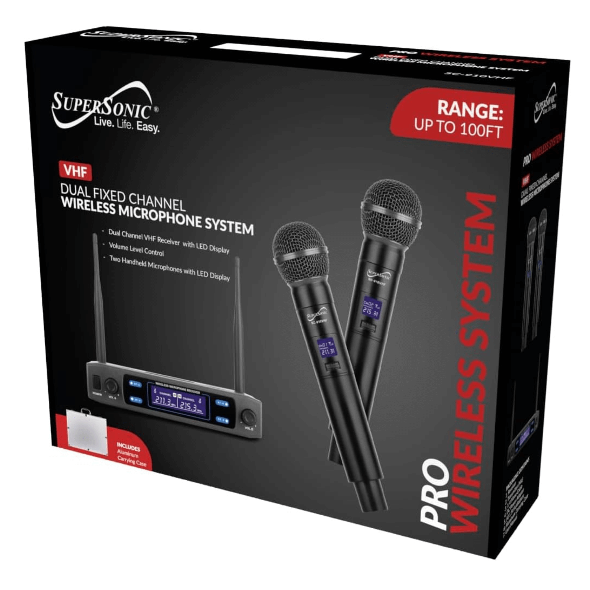 Supersonic VHF Dual Fixed Channel Professional Wireless Microphone with Carry Case