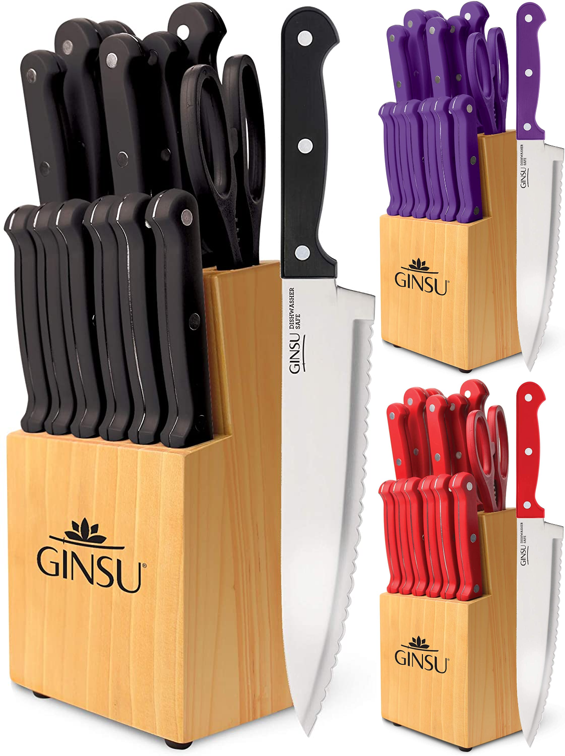 Ginsu Kiso 14-Piece Red Knife Set with Natural Block - Dishwasher Safe and  Always Sharp